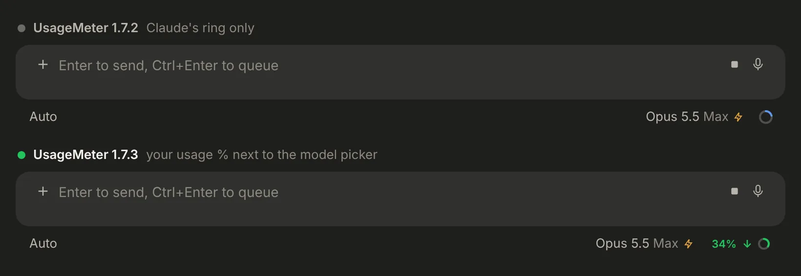 Claude Code's message box with UsageMeter 1.7.2, where only Claude's ring shows, then with UsageMeter 1.7.3, where the usage percentage, 34% with a pace arrow, sits next to the model picker (sample data)