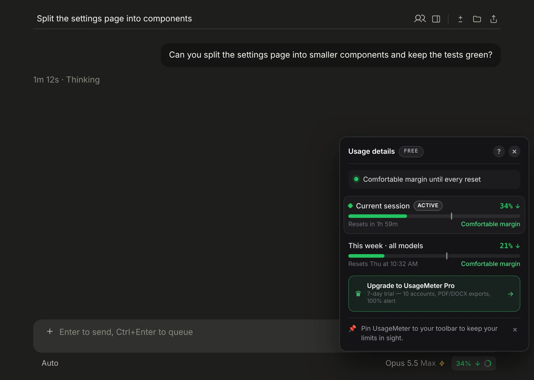 A Claude Code session with UsageMeter 1.7.3: the usage details panel open above the message box, the current session at 34% resetting in 1h 59m and this week at 21%, both with a comfortable margin (sample data)