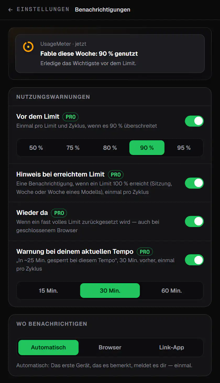 UsageMeter Pro notification settings: an alert before the wall at 90%, the limit-reached alert, a notice when a limit is back, a heads-up at your current pace, and where to notify you (sample data)