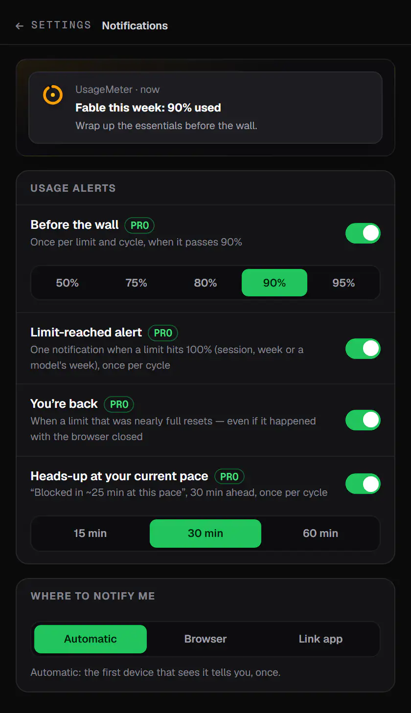 UsageMeter Pro notification settings: an alert before the wall at 90%, the limit-reached alert, a notice when a limit is back, a heads-up at your current pace, and where to notify you (sample data)