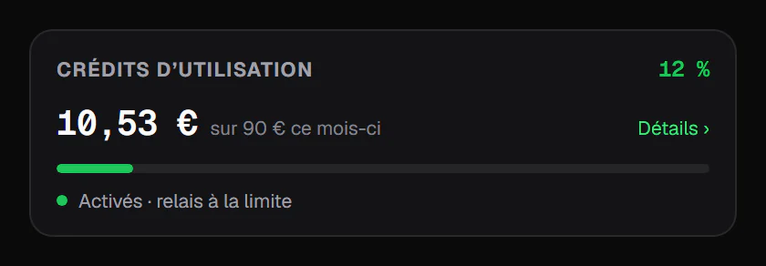 Usage credits card: €10.53 spent of a €90 monthly cap, credits on (sample data)