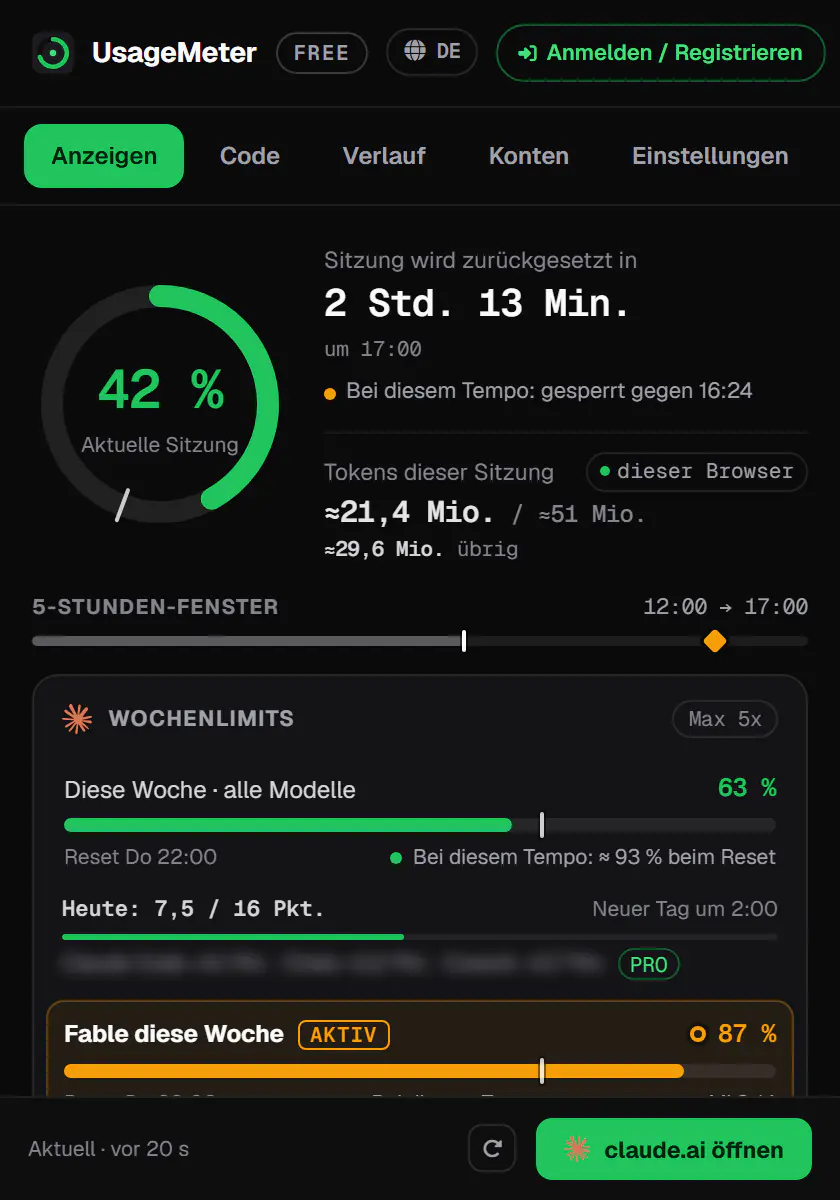 UsageMeter-Popup mit Beispieldaten: die aktuelle Sitzung mit Countdown, das Wochenlimit und das Fable-Wochenlimit