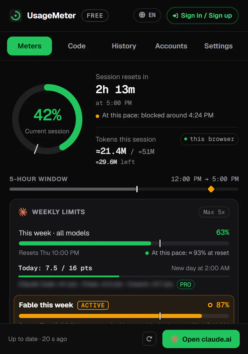 UsageMeter popup with sample data: the current session with its countdown, the weekly limit and the Fable weekly limit