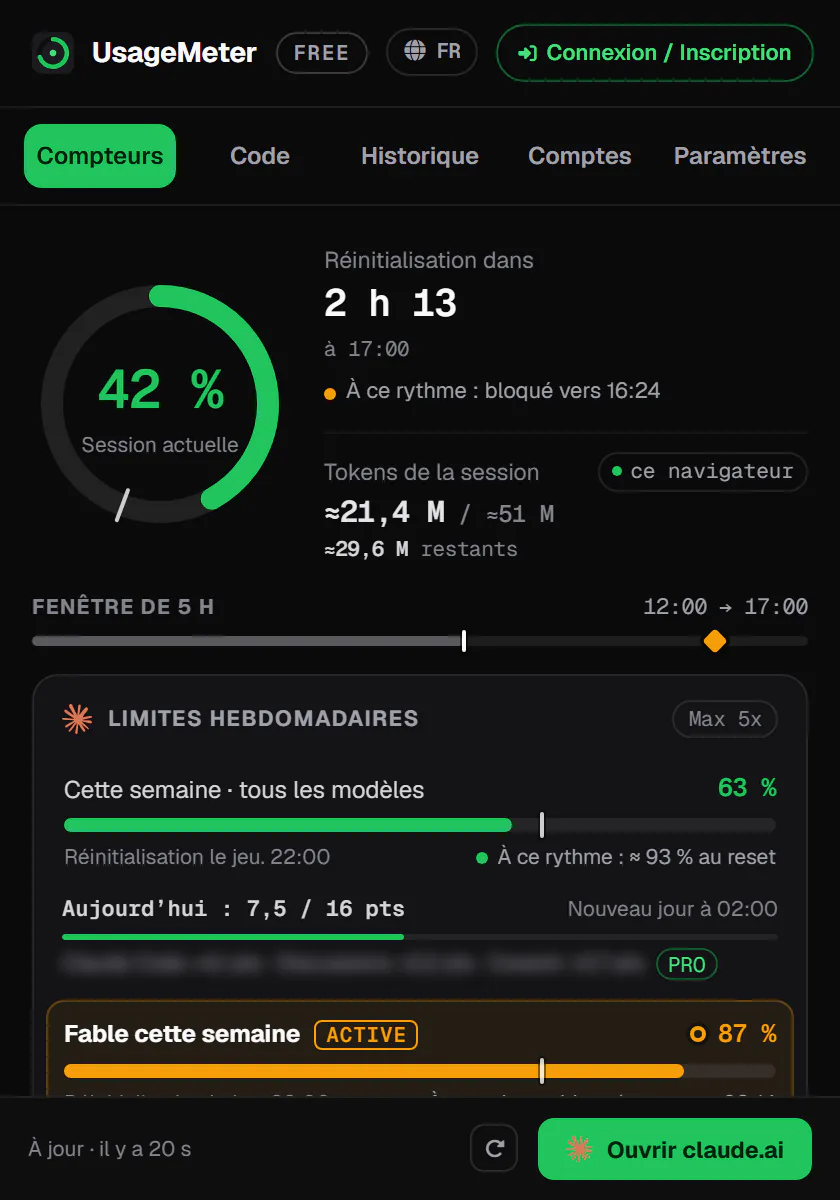 Popup UsageMeter avec des données d'exemple : la session en cours et son compte à rebours, la limite hebdomadaire et la limite hebdomadaire Fable